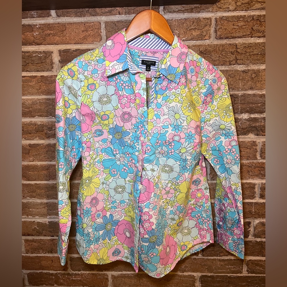 Talbots Small Petite 70s Floral Womens Button Down Top Shirt Unique Easter